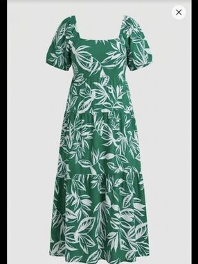 Green Leaf Print Cotton Midi Dress Size Large